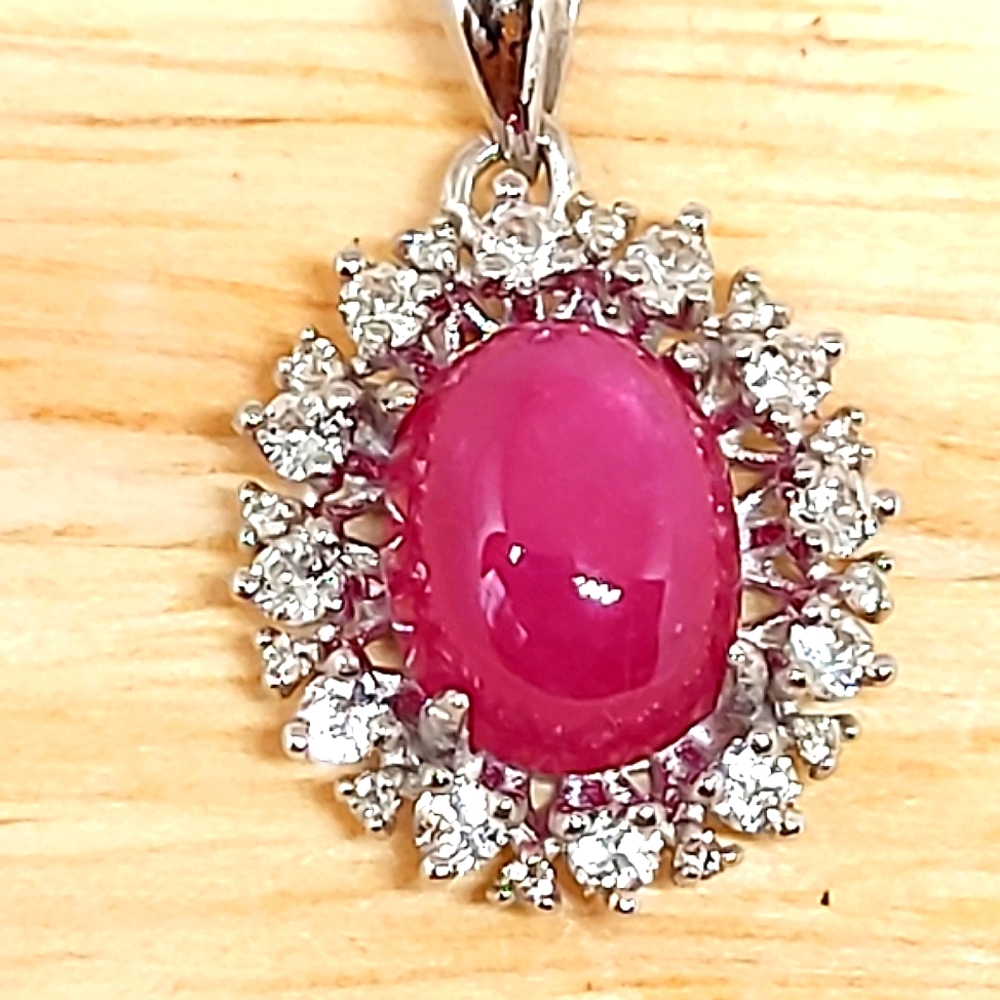 Heated Natural Red Ruby 9x7mm & White Topaz 925‎ Sterling Silver Necklace 18"